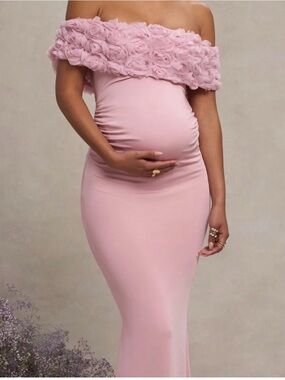 Club London Blush Pink Off-Shoulder Maternity Gown with Rosette Trim